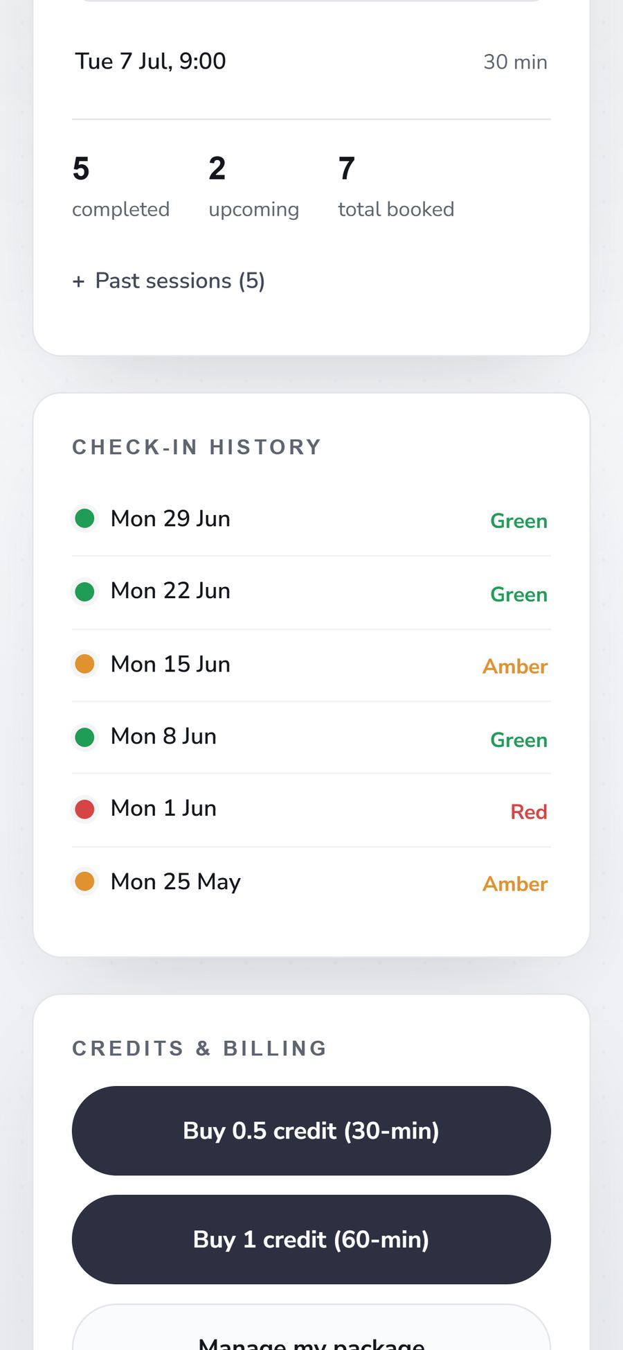 Check-in history screen